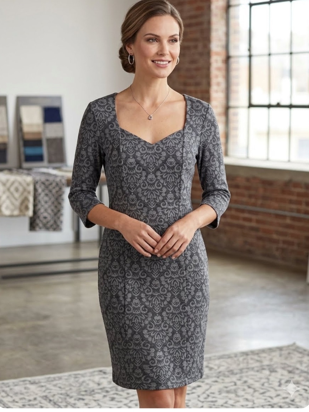 👗Connected Apparel Gray Patterned V-Neck Knee Dress